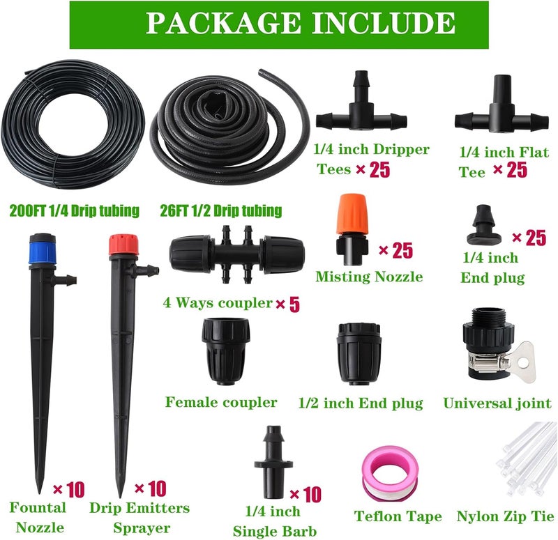 PRUNkuar 226FT Greenhouse Micro Drip Irrigation Kit Automatic Irrigation System Patio Misting Plant Watering System with 1/4 inch 1/2 inch Blank Distribution Tubing Hose Adjustable Nozzle Emitters Sprinkler - Image 3